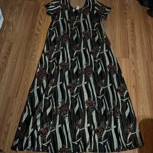 Rose Print Brown Maxi Dress Gold Outline‎ Abstract Striped Pattern Vintage Retro